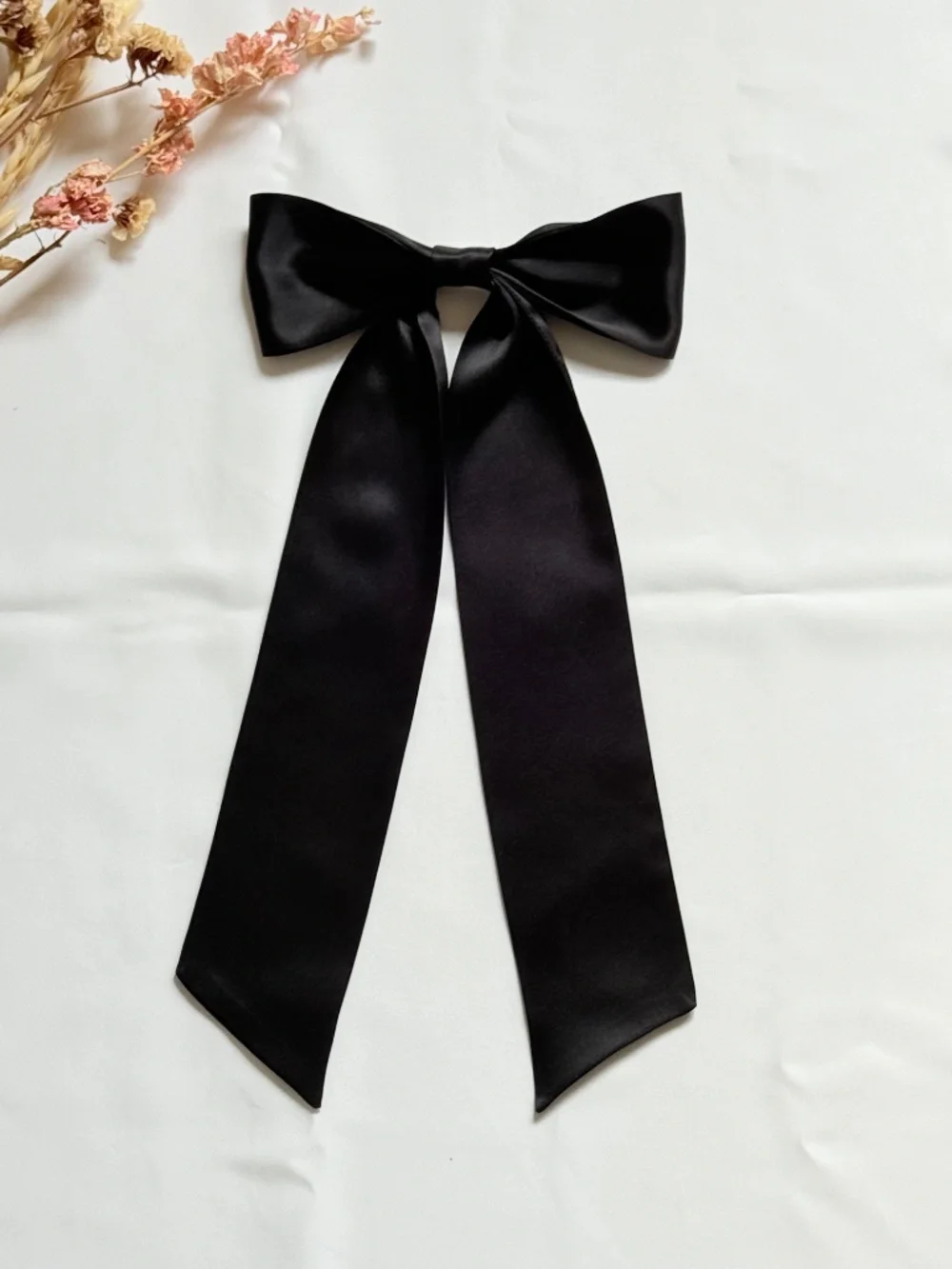 Black Mulberry Silk Hair Bow Long Tail, Handmade Hair Clip